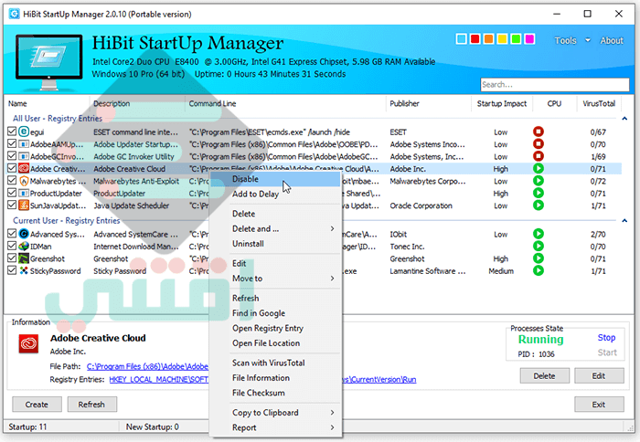 التحكم في البرامج عند بدء التشغيل في الويندوز HiBit Startup Manager